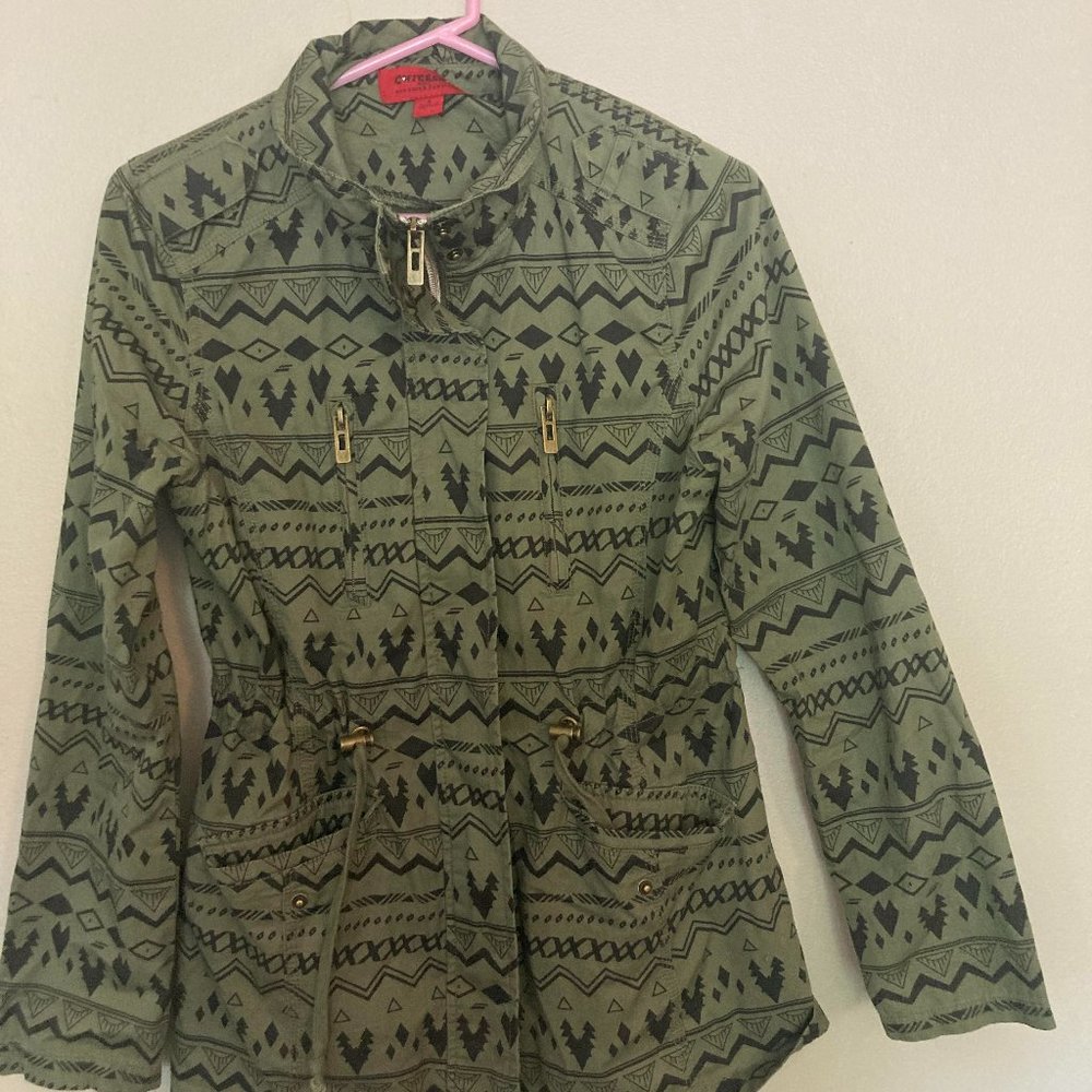 Coffee Shop Green Utility Jacket, Aztec Print, S